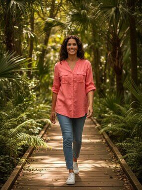 Nicole Miller Linen Tunic Top 2 Pockets 3/4 Roll Sleeve Sz M Calypso Coral #200C